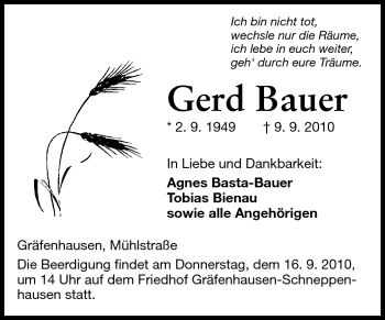 Traueranzeige von Gerd Bauer von Darmstädter Echo, Odenwälder Echo, Rüsselsheimer Echo, Groß-Gerauer-Echo, Ried Echo