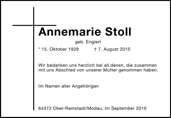 Traueranzeige von Annemarie Stoll von Echo-Zeitungen (Gesamtausgabe)