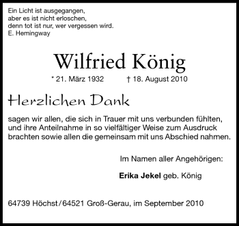 Traueranzeige von Wilfried König von Echo-Zeitungen (Gesamtausgabe)