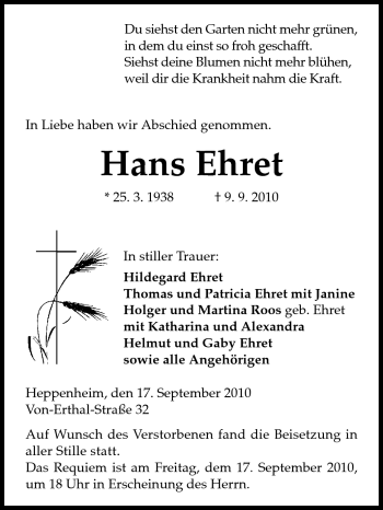 Traueranzeige von Hans Ehret von Starkenburger Echo