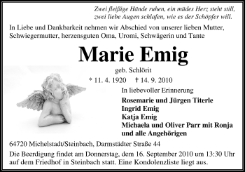 Traueranzeige von Marie Emig von Odenwälder Echo