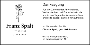 Traueranzeige von Franz Spalt von Echo-Zeitungen (Gesamtausgabe)