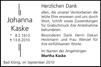 Traueranzeige von Johanna Kaske von Odenwälder Echo