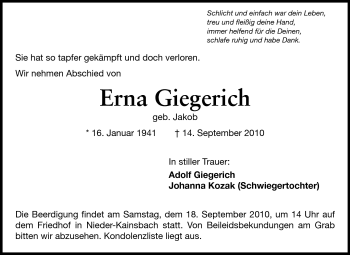 Traueranzeige von Erna Giegerich von Odenwälder Echo