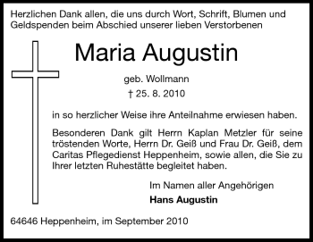 Traueranzeige von Maria Augustin von Starkenburger Echo