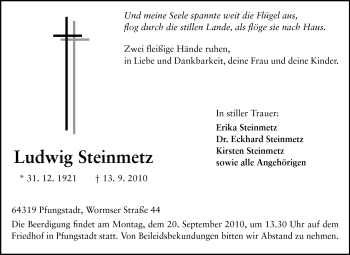 Traueranzeige von Ludwig Steinmetz von Echo-Zeitungen (Gesamtausgabe)