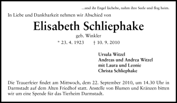 Traueranzeige von Elisabeth Schliephake von Echo-Zeitungen (Gesamtausgabe)