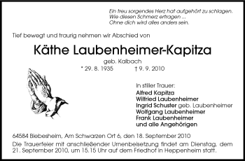 Traueranzeige von Käthe Laubenheimer-Kapitza von Echo-Zeitungen (Gesamtausgabe)