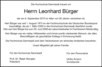 Traueranzeige von Leonhard Bürger von Echo-Zeitungen (Gesamtausgabe)