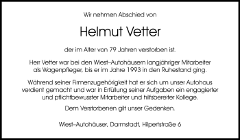 Traueranzeige von Helmut Vetter von Echo-Zeitungen (Gesamtausgabe)