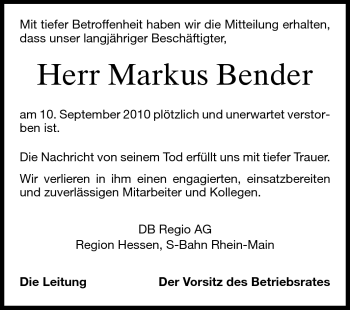 Traueranzeige von Markus Bender von Rüsselsheimer Echo, Groß-Gerauer-Echo, Ried Echo