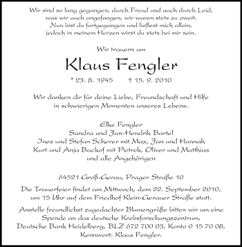 Traueranzeige von Klaus Fengler von Rüsselsheimer Echo, Groß-Gerauer-Echo, Ried Echo