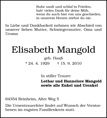 Traueranzeige von Elisabeth Mangold von Darmstädter Echo, Odenwälder Echo, Rüsselsheimer Echo, Groß-Gerauer-Echo, Ried Echo