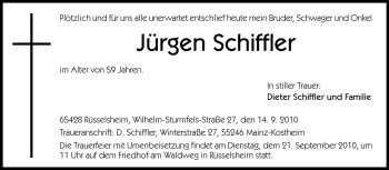 Traueranzeige von Jürgen Schiffler von Rüsselsheimer Echo, Groß-Gerauer-Echo, Ried Echo