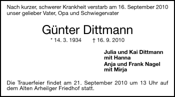 Traueranzeige von Guenter Dittmann von Echo-Zeitungen (Gesamtausgabe)