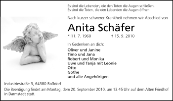 Traueranzeige von Anita Schäfer von Darmstädter Echo, Odenwälder Echo, Rüsselsheimer Echo, Groß-Gerauer-Echo, Ried Echo