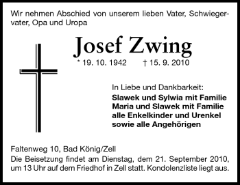 Traueranzeige von Josef Zwing von Odenwälder Echo