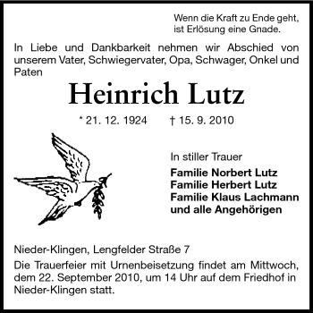 Traueranzeige von Heinrich Lutz von Echo-Zeitungen (Gesamtausgabe)