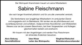 Traueranzeige von Sabine Fleischmann von Darmstädter Echo, Odenwälder Echo, Rüsselsheimer Echo, Groß-Gerauer-Echo, Ried Echo