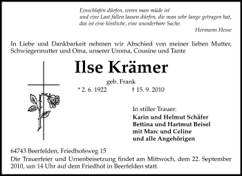 Traueranzeige von Ilse Krämer von Odenwälder Echo