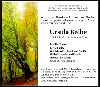 Traueranzeige von Ursula Kalbe von Starkenburger Echo
