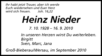 Traueranzeige von Heinz Nieder von Odenwälder Echo