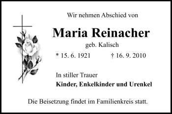 Traueranzeige von Maria Reinacher von Rüsselsheimer Echo, Groß-Gerauer-Echo, Ried Echo