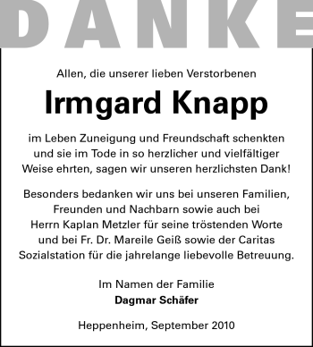 Traueranzeige von Irmgard Knapp von Starkenburger Echo