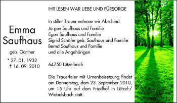 Traueranzeige von Emma Saufhaus von Odenwälder Echo
