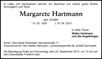 Traueranzeige von Margarete Hartmann von Darmstädter Echo, Odenwälder Echo, Rüsselsheimer Echo, Groß-Gerauer-Echo, Ried Echo