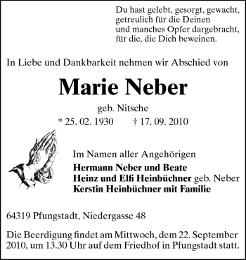Traueranzeige von Marie Neber von Echo-Zeitungen (Gesamtausgabe)