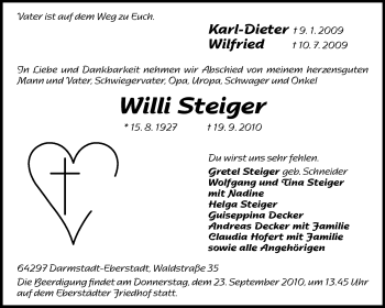 Traueranzeige von Willi Steiger von Darmstädter Echo, Odenwälder Echo, Rüsselsheimer Echo, Groß-Gerauer-Echo, Ried Echo