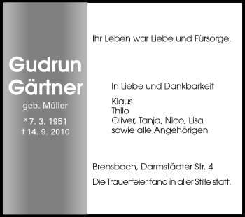Traueranzeige von Gudrun Gärtner von Echo-Zeitungen (Gesamtausgabe)