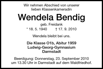 Traueranzeige von Wendela Bendig von Echo-Zeitungen (Gesamtausgabe)