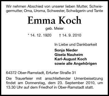 Traueranzeige von Emma Koch von Darmstädter Echo, Odenwälder Echo, Rüsselsheimer Echo, Groß-Gerauer-Echo, Ried Echo