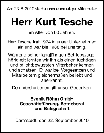 Traueranzeige von Kurt Tesche von Darmstädter Echo, Odenwälder Echo, Rüsselsheimer Echo, Groß-Gerauer-Echo, Ried Echo
