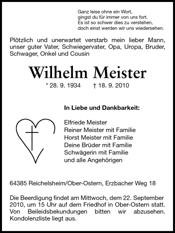 Traueranzeige von Wilhelm Meister von Odenwälder Echo