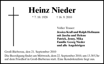 Traueranzeige von Heinz Nieder von Darmstädter Echo, Odenwälder Echo, Rüsselsheimer Echo, Groß-Gerauer-Echo, Ried Echo