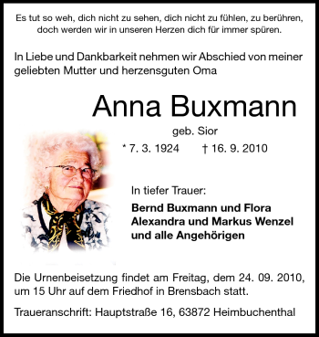 Traueranzeige von Anna Buxmann von Odenwälder Echo