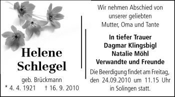 Traueranzeige von Helene Schlegel von Odenwälder Echo
