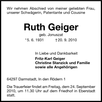 Traueranzeige von Ruth Geiger von Darmstädter Echo, Odenwälder Echo, Rüsselsheimer Echo, Groß-Gerauer-Echo, Ried Echo