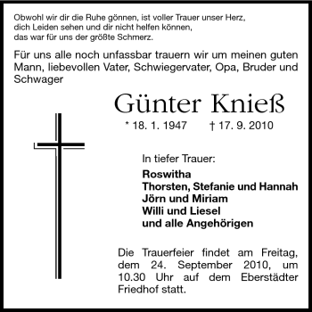 Traueranzeige von Günter Knieß von Echo-Zeitungen (Gesamtausgabe)