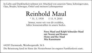 Traueranzeige von Reinhold Maul von Darmstädter Echo, Odenwälder Echo, Rüsselsheimer Echo, Groß-Gerauer-Echo, Ried Echo
