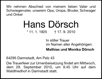 Traueranzeige von Hans Dörsch von Darmstädter Echo, Odenwälder Echo, Rüsselsheimer Echo, Groß-Gerauer-Echo, Ried Echo