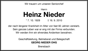 Traueranzeige von Heinz Nieder von Echo-Zeitungen (Gesamtausgabe)