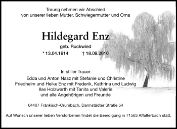 Traueranzeige von Hildegard Enz von Echo-Zeitungen (Gesamtausgabe)