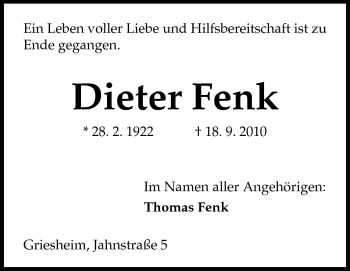Traueranzeige von Dieter Fenk von Echo-Zeitungen (Gesamtausgabe)
