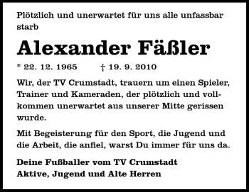 Traueranzeige von Alexander Fässler von Echo-Zeitungen (Gesamtausgabe)