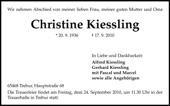 Traueranzeige von Christine Kiessling von Rüsselsheimer Echo, Groß-Gerauer-Echo, Ried Echo