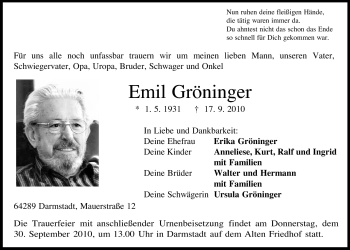 Traueranzeige von Emil Gröninger von Echo-Zeitungen (Gesamtausgabe)
